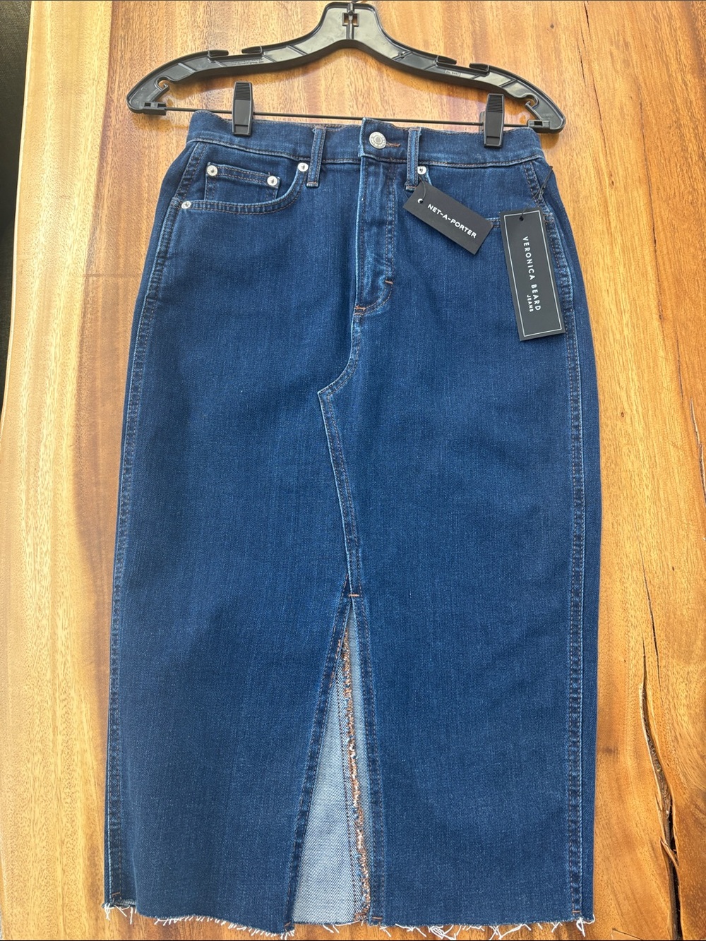 Veronica Beard Indigo Straight-Leg Denim Midi Skirt with Front Slit